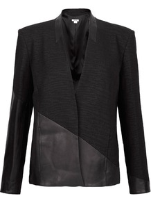 Black Asymmetric Leather Panel Jacket - pattern: plain; style: single breasted blazer; collar: standard lapel/rever collar; predominant colour: black; occasions: casual, evening, work, occasion; length: standard; fit: tailored/fitted; sleeve length: long sleeve; sleeve style: standard; collar break: low/open; pattern type: fabric; texture group: woven light midweight; fibres: viscose/rayon - mix