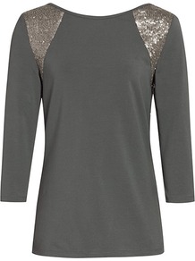 Quinn Sequin Back Top - neckline: slash/boat neckline; pattern: plain; style: t-shirt; predominant colour: charcoal; occasions: casual, evening; length: standard; fibres: cotton - stretch; fit: straight cut; shoulder detail: added shoulder detail; sleeve length: 3/4 length; sleeve style: standard; pattern type: fabric; pattern size: standard; texture group: jersey - stretchy/drapey; embellishment: sequins