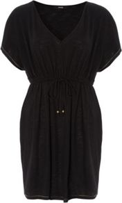 Jersey Kaftan Black - neckline: v-neck; fit: fitted at waist; pattern: plain; style: kaftan; waist detail: belted waist/tie at waist/drawstring; predominant colour: black; occasions: casual, holiday; length: just above the knee; fibres: polyester/polyamide - mix; sleeve length: short sleeve; sleeve style: standard; pattern type: fabric; texture group: jersey - stretchy/drapey
