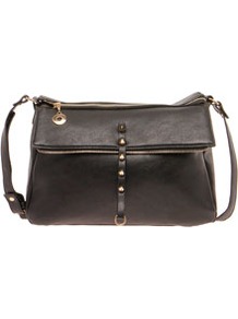 Lara Raw Zip Shoulder Bag - predominant colour: black; occasions: casual, work; style: shoulder; length: across body/long; size: standard; material: faux leather; embellishment: studs; pattern: plain; finish: plain