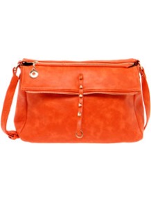 Lara Raw Zip Shoulder Bag - predominant colour: bright orange; occasions: casual, work; style: shoulder; length: across body/long; size: standard; material: faux leather; embellishment: studs; pattern: plain; finish: plain