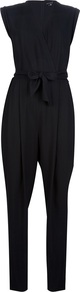 Sleeveless Jumpsuit - length: standard; neckline: v-neck; sleeve style: capped; fit: tailored/fitted; pattern: plain; waist detail: belted waist/tie at waist/drawstring; predominant colour: black; occasions: evening; fibres: polyester/polyamide - stretch; sleeve length: sleeveless; texture group: crepes; style: jumpsuit; pattern type: fabric