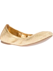 Ballerina Pump - predominant colour: gold; occasions: casual, evening, holiday; material: leather; heel height: flat; embellishment: elasticated; toe: round toe; style: ballerinas / pumps; trends: metallics; finish: metallic; pattern: animal print