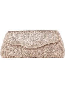 Myley Metallic Beaded Clutch Bag, Mink - predominant colour: taupe; occasions: evening, occasion; type of pattern: heavy; style: clutch; length: hand carry; size: standard; material: fabric; embellishment: beading; pattern: plain; trends: metallics; finish: metallic