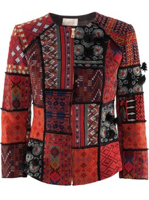 Jacket - style: single breasted blazer; collar: round collar/collarless; predominant colour: true red; occasions: casual; length: standard; fit: tailored/fitted; fibres: cotton - 100%; sleeve length: long sleeve; sleeve style: standard; texture group: cotton feel fabrics; collar break: high; pattern type: fabric; pattern size: standard; pattern: patterned/print; embellishment: embroidered