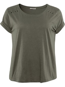 + Top - neckline: round neck; sleeve style: capped; pattern: plain; style: t-shirt; predominant colour: khaki; occasions: casual; length: standard; fibres: cotton - 100%; fit: body skimming; shoulder detail: added shoulder detail; sleeve length: short sleeve; pattern size: small & light; texture group: jersey - stretchy/drapey; embellishment: studs