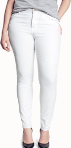 + Jeans - style: skinny leg; length: standard; pattern: plain; pocket detail: traditional 5 pocket; waist: mid/regular rise; predominant colour: white; occasions: casual, holiday; fibres: cotton - stretch; texture group: denim; pattern type: fabric; pattern size: standard