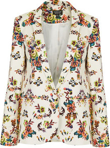 Pixel Floral Blazer - style: single breasted blazer; collar: standard lapel/rever collar; occasions: casual, work; length: standard; fit: tailored/fitted; fibres: cotton - mix; predominant colour: multicoloured; sleeve length: long sleeve; sleeve style: standard; texture group: cotton feel fabrics; collar break: low/open; pattern type: fabric; pattern size: small & busy; pattern: florals