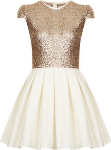 **Laura Dress Jones And Jones - length: mid thigh; neckline: round neck; sleeve style: capped; bust detail: added detail/embellishment at bust; waist detail: fitted waist; predominant colour: gold; occasions: evening, occasion; fit: fitted at waist & bust; style: fit & flare; fibres: polyester/polyamide - mix; hip detail: sculpting darts/pleats/seams at hip; shoulder detail: added shoulder detail; back detail: embellishment at back; sleeve length: sleeveless; texture group: structured shiny - satin/tafetta/silk etc.; trends: metallics, volume; pattern type: fabric; pattern size: small & busy; pattern: patterned/print; embellishment: sequins