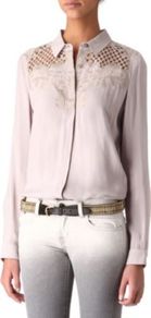 Embroidered Shirt - neckline: shirt collar/peter pan/zip with opening; pattern: plain; style: shirt; shoulder detail: contrast pattern/fabric at shoulder; predominant colour: blush; occasions: casual, work; length: standard; fibres: viscose/rayon - 100%; fit: straight cut; sleeve length: long sleeve; sleeve style: standard; texture group: crepes; pattern type: fabric; embellishment: embroidered