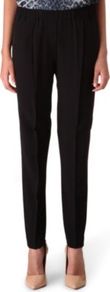 Straight Leg Trousers - length: standard; pattern: plain; waist detail: elasticated waist; pocket detail: pockets at the sides; waist: mid/regular rise; predominant colour: black; occasions: casual, evening, work; fibres: viscose/rayon - stretch; hip detail: draped at hip/ruched; texture group: cotton feel fabrics; fit: straight leg; pattern type: fabric; style: standard