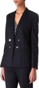Stretch Wool Jacket - pattern: plain; style: double breasted blazer; length: below the bottom; collar: standard lapel/rever collar; predominant colour: navy; occasions: work; fit: tailored/fitted; fibres: wool - stretch; back detail: back vent/flap at back; sleeve length: long sleeve; sleeve style: standard; collar break: low/open; pattern type: fabric; texture group: woven light midweight