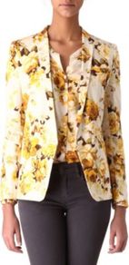 Floral Print Jacket - style: single breasted blazer; length: below the bottom; collar: standard lapel/rever collar; predominant colour: ivory; secondary colour: yellow; occasions: casual, evening, work, occasion; fit: tailored/fitted; fibres: cotton - stretch; sleeve length: long sleeve; sleeve style: standard; texture group: cotton feel fabrics; trends: high impact florals; collar break: low/open; pattern type: fabric; pattern size: standard; pattern: florals