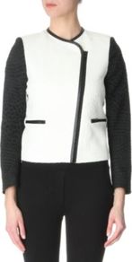 Verseau Jacket - style: biker; collar: asymmetric biker; fit: slim fit; shoulder detail: contrast pattern/fabric at shoulder; secondary colour: black; occasions: casual, evening, work; length: standard; fibres: polyester/polyamide - mix; sleeve length: long sleeve; sleeve style: standard; predominant colour: monochrome; collar break: high/illusion of break when open; pattern type: fabric; pattern size: big & light; pattern: colourblock; texture group: woven light midweight
