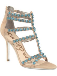 Alina Cage Sandals - predominant colour: turquoise; secondary colour: champagne; occasions: evening, occasion; material: suede; heel height: high; embellishment: beading; ankle detail: ankle strap; heel: stiletto; toe: open toe/peeptoe; style: strappy; finish: plain; pattern: plain
