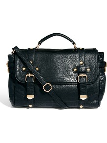 Latchel Bag - predominant colour: black; occasions: casual, work; type of pattern: standard; style: satchel; length: across body/long; size: standard; material: faux leather; pattern: plain; finish: plain; embellishment: buckles