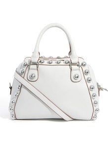 Dome Studded Bowler - predominant colour: white; occasions: casual; type of pattern: standard; style: bowling; length: handle; size: standard; material: faux leather; embellishment: studs; pattern: plain; finish: plain