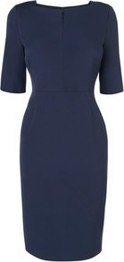 Tan Fitted Dress Blue Navy - style: shift; neckline: v-neck; fit: tailored/fitted; pattern: plain; predominant colour: navy; occasions: evening, work, occasion; length: on the knee; fibres: polyester/polyamide - stretch; sleeve length: half sleeve; sleeve style: standard; texture group: crepes; trends: glamorous day shifts; pattern type: fabric