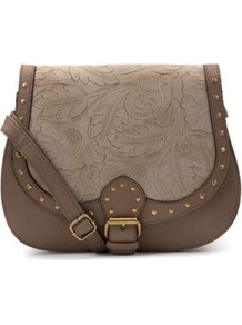Light Brown Embossed Saddle Bag - predominant colour: chocolate brown; occasions: casual, holiday; type of pattern: standard; style: saddle; length: across body/long; size: standard; material: faux leather; embellishment: studs; pattern: florals; finish: plain