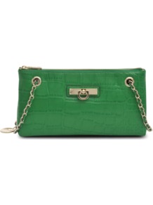 Adjustable Clutch - predominant colour: emerald green; occasions: casual, evening, occasion; type of pattern: standard; style: clutch; length: across body/long; size: small; material: leather; pattern: animal print; finish: plain; embellishment: chain/metal