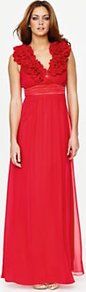 Corsage Shoulder Detail Maxi Dress Red, Red - neckline: low v-neck; fit: fitted at waist; pattern: plain; sleeve style: sleeveless; style: maxi dress; length: ankle length; waist detail: fitted waist; bust detail: ruching/gathering/draping/layers/pintuck pleats at bust; predominant colour: true red; occasions: evening, occasion; fibres: cotton - mix; hip detail: soft pleats at hip/draping at hip/flared at hip; shoulder detail: flat/draping pleats/ruching/gathering at shoulder; sleeve length: sleeveless; texture group: sheer fabrics/chiffon/organza etc.; pattern type: fabric; pattern size: standard