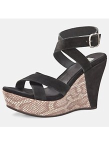 Ariah Peeptoe Wedges, Black - predominant colour: black; occasions: casual, evening, holiday; material: leather; heel height: high; embellishment: buckles; ankle detail: ankle strap; heel: wedge; toe: open toe/peeptoe; style: strappy; finish: plain; pattern: animal print