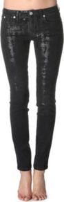 Skinny Mid Rise Jeans - style: skinny leg; length: standard; pocket detail: traditional 5 pocket; waist: mid/regular rise; predominant colour: black; occasions: casual, evening; fibres: cotton - mix; jeans detail: dark wash; texture group: denim; pattern type: fabric; pattern size: small & light; pattern: patterned/print