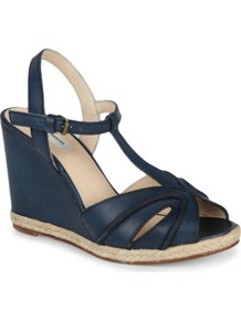 Milos Leather Wedge Sandals - predominant colour: navy; occasions: casual, holiday; material: leather; heel height: high; embellishment: buckles; ankle detail: ankle strap; heel: wedge; toe: open toe/peeptoe; style: standard; finish: plain; pattern: plain