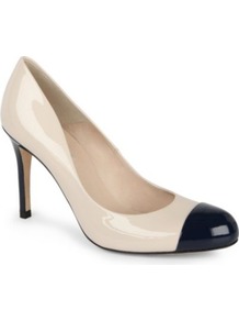 Bruton Patent Leather Courts - predominant colour: ivory; occasions: evening, work, occasion; material: leather; heel height: high; heel: stiletto; toe: round toe; style: courts; finish: patent; pattern: colourblock; embellishment: toe cap