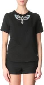 Embellished Top - pattern: plain; bust detail: added detail/embellishment at bust; style: t-shirt; predominant colour: black; occasions: casual, evening, holiday; length: standard; fibres: polyester/polyamide - stretch; fit: straight cut; neckline: crew; back detail: keyhole/peephole detail at back; sleeve length: short sleeve; sleeve style: standard; pattern type: fabric; pattern size: small & light; texture group: jersey - stretchy/drapey; embellishment: beading