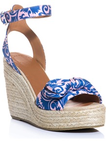Pretty Knot Espadrille Wedge Shoes - predominant colour: royal blue; occasions: casual, occasion, holiday; material: fabric; heel height: high; ankle detail: ankle strap; heel: wedge; toe: open toe/peeptoe; style: standard; finish: plain; pattern: patterned/print; embellishment: bow
