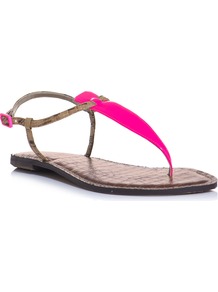 Gi Gi Sandals - predominant colour: hot pink; occasions: casual, holiday; material: leather; heel height: flat; embellishment: buckles; ankle detail: ankle strap; heel: standard; toe: toe thongs; style: flip flops / toe post; trends: fluorescent; finish: patent; pattern: plain