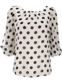 Black Polka Dot Petite Top - neckline: roll neck; sleeve style: balloon; style: blouse; pattern: polka dot; predominant colour: white; secondary colour: black; occasions: casual, work; length: standard; fibres: polyester/polyamide - 100%; fit: straight cut; back detail: keyhole/peephole detail at back; sleeve length: 3/4 length; texture group: sheer fabrics/chiffon/organza etc.; bust detail: tiers/frills/bulky drapes/pleats; pattern type: fabric; pattern size: standard