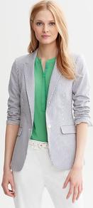 Striped Suit Jacket - pattern: vertical stripes; style: single breasted blazer; collar: standard lapel/rever collar; predominant colour: navy; occasions: casual, work; length: standard; fit: tailored/fitted; fibres: cotton - 100%; waist detail: fitted waist; sleeve length: long sleeve; sleeve style: standard; collar break: low/open; pattern type: fabric; pattern size: small & busy; texture group: woven light midweight