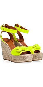 Canvas Wedge Sandals In Yellow - predominant colour: lime; occasions: casual, evening, holiday; material: fabric; ankle detail: ankle strap; heel: wedge; toe: open toe/peeptoe; style: standard; trends: fluorescent; finish: fluorescent; pattern: plain; embellishment: bow; heel height: very high