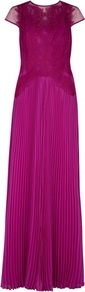 Ted Baker Lumina Feather Applique Maxi Dress - sleeve style: capped; pattern: plain; style: maxi dress; bust detail: added detail/embellishment at bust; waist detail: fitted waist; back detail: contrast pattern/fabric at back; predominant colour: magenta; occasions: evening, occasion; length: floor length; fit: body skimming; fibres: polyester/polyamide - 100%; neckline: crew; hip detail: soft pleats at hip/draping at hip/flared at hip; sleeve length: short sleeve; texture group: sheer fabrics/chiffon/organza etc.; pattern type: fabric; pattern size: standard; embellishment: embroidered