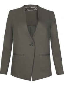 Tali Blazer - pattern: plain; style: single breasted blazer; collar: shawl/waterfall; predominant colour: sage; occasions: casual, work; length: standard; fit: tailored/fitted; fibres: cotton - mix; back detail: back vent/flap at back; sleeve length: long sleeve; sleeve style: standard; collar break: low/open; pattern type: fabric; texture group: woven light midweight