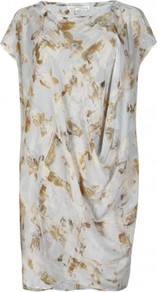 Fleur Check Tee Dress - style: t-shirt; sleeve style: capped; fit: loose; waist detail: twist front waist detail/nipped in at waist on one side/soft pleats/draping/ruching/gathering waist detail; predominant colour: light grey; occasions: evening, occasion, holiday; length: just above the knee; fibres: silk - 100%; neckline: crew; hip detail: soft pleats at hip/draping at hip/flared at hip; sleeve length: short sleeve; texture group: silky - light; pattern type: fabric; pattern size: standard; pattern: patterned/print