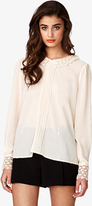Crochet Collar Georgette Top - pattern: plain; style: blouse; bust detail: ruching/gathering/draping/layers/pintuck pleats at bust; predominant colour: nude; occasions: casual, evening, work; length: standard; fibres: polyester/polyamide - 100%; fit: loose; neckline: no opening/shirt collar/peter pan; sleeve length: long sleeve; sleeve style: standard; texture group: sheer fabrics/chiffon/organza etc.; pattern type: fabric; pattern size: standard