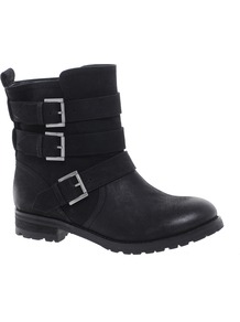 Asterix Leather Biker Boots - predominant colour: black; occasions: casual; material: leather; heel height: flat; embellishment: buckles; heel: standard; toe: round toe; boot length: ankle boot; style: biker boot; finish: plain; pattern: plain