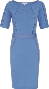 Lamine Lace Panel Bodycon Dress - style: shift; neckline: round neck; fit: tailored/fitted; pattern: plain; waist detail: fitted waist; hip detail: fitted at hip; shoulder detail: contrast pattern/fabric at shoulder; predominant colour: indigo; occasions: evening, occasion; length: just above the knee; fibres: cotton - mix; sleeve length: short sleeve; sleeve style: standard; texture group: jersey - clingy; pattern type: fabric; pattern size: standard