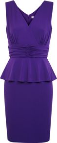 Peplum Jersey Dress, Purple - style: faux wrap/wrap; neckline: v-neck; fit: tailored/fitted; pattern: plain; sleeve style: sleeveless; waist detail: peplum waist detail; bust detail: ruching/gathering/draping/layers/pintuck pleats at bust; predominant colour: purple; occasions: evening, work, occasion; length: on the knee; fibres: polyester/polyamide - stretch; sleeve length: sleeveless; trends: glamorous day shifts; pattern type: fabric; texture group: jersey - stretchy/drapey