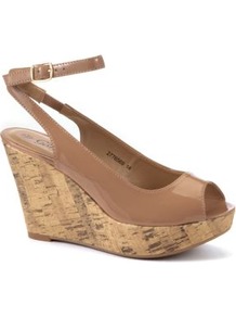Nude Ankle Strap Peep Toe Wedge Sandals - predominant colour: nude; occasions: casual, evening, holiday; material: faux leather; heel height: high; embellishment: buckles; ankle detail: ankle strap; heel: wedge; toe: open toe/peeptoe; style: standard; finish: patent; pattern: plain