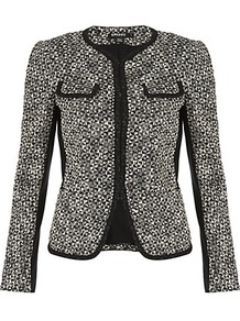 Tweed Jacket - pattern: plain; style: single breasted blazer; collar: round collar/collarless; predominant colour: black; occasions: evening, work; length: standard; fit: tailored/fitted; fibres: cotton - 100%; sleeve length: long sleeve; sleeve style: standard; collar break: high; pattern type: fabric; pattern size: small & busy; texture group: woven light midweight
