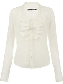 Helene Blouse - neckline: shirt collar/peter pan/zip with opening; pattern: plain; style: blouse; predominant colour: ivory; occasions: evening, work; length: standard; fibres: silk - mix; fit: tailored/fitted; sleeve length: long sleeve; sleeve style: standard; texture group: sheer fabrics/chiffon/organza etc.; trends: sculptural frills; bust detail: tiers/frills/bulky drapes/pleats; pattern type: fabric