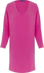 Jenning Silk Dress - style: shift; neckline: low v-neck; pattern: plain; predominant colour: hot pink; occasions: casual, evening, occasion; length: on the knee; fit: straight cut; fibres: silk - 100%; sleeve length: long sleeve; sleeve style: standard; texture group: jersey - clingy; pattern type: fabric; pattern size: standard