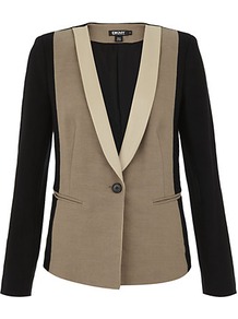 Contrast Linen Tuxedo Jacket - style: single breasted tuxedo; collar: shawl/waterfall; shoulder detail: contrast pattern/fabric at shoulder; predominant colour: taupe; occasions: evening, work; length: standard; fit: tailored/fitted; fibres: linen - mix; waist detail: fitted waist; sleeve length: long sleeve; sleeve style: standard; trends: tuxedo; collar break: low/open; pattern type: fabric; pattern size: standard; pattern: colourblock; texture group: woven light midweight