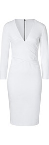 Pleated V Neck Sheath In White - style: shift; length: below the knee; neckline: low v-neck; pattern: plain; waist detail: fitted waist; bust detail: ruching/gathering/draping/layers/pintuck pleats at bust; predominant colour: white; occasions: evening, occasion; fit: body skimming; fibres: viscose/rayon - stretch; sleeve length: long sleeve; sleeve style: standard; texture group: crepes; pattern type: fabric