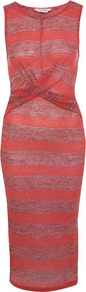 Red Texture Stripe Midi Dress - style: shift; length: calf length; neckline: round neck; sleeve style: sleeveless; pattern: striped; waist detail: twist front waist detail/nipped in at waist on one side/soft pleats/draping/ruching/gathering waist detail; hip detail: fitted at hip; predominant colour: true red; occasions: casual, evening; fit: body skimming; fibres: polyester/polyamide - mix; sleeve length: sleeveless; texture group: jersey - clingy; pattern type: fabric; pattern size: standard