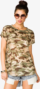 Camouflage Tee - neckline: round neck; length: below the bottom; style: t-shirt; predominant colour: khaki; occasions: casual, holiday; fibres: polyester/polyamide - 100%; fit: loose; back detail: longer hem at back than at front; sleeve length: short sleeve; sleeve style: standard; pattern type: fabric; pattern size: standard; pattern: patterned/print; texture group: jersey - stretchy/drapey